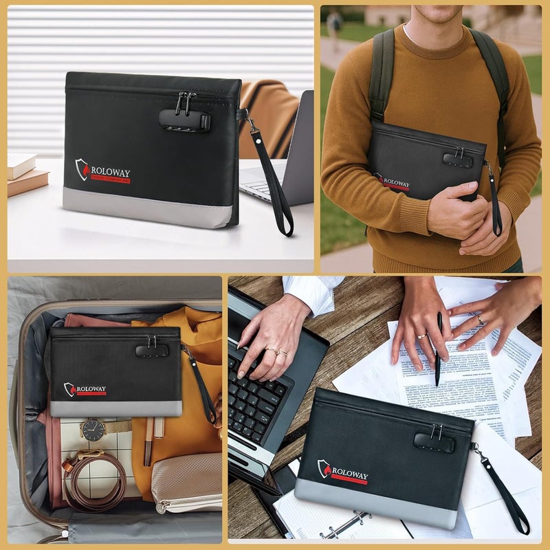 ROLOWAY Fireproof Money Bag with Lock for Cash, 6400°F Fire Proof Document Bag (12.2 x 8.5 x 1.6 inches), Money Pouch with Zipper (Black) - Image 5